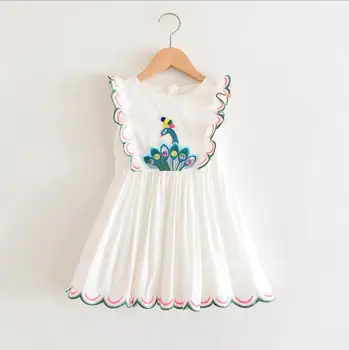 

children's summer clothing girls white peacock embroidery fly sleeve cotton princess dresses kids dress wholesale