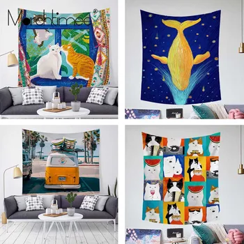 

Street Corner Cute Cat Tapestry Wall Hanging Polyester Bus Whale Animal Tapestry Plant Living Room Bedroom Decorative Blanket