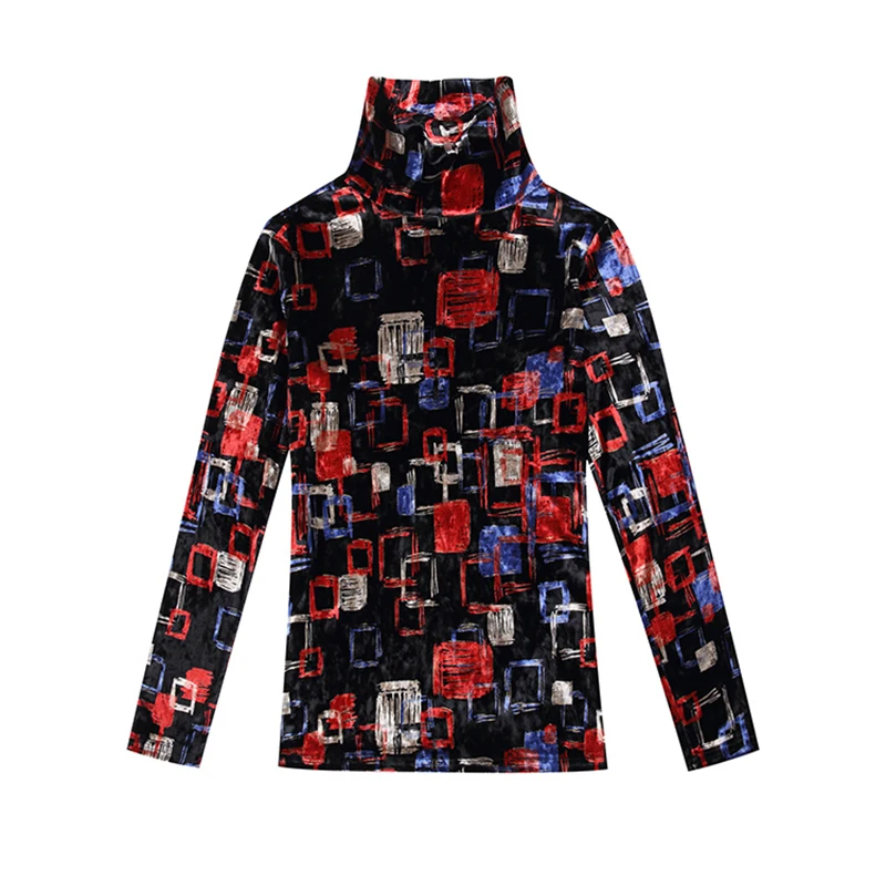 

Women's Blouses 2020 Autumn Winter Gold Velvet High Collar Slim Printed Long-Sleeved Gilded Plaid Large Size Wild Vintage Shirt
