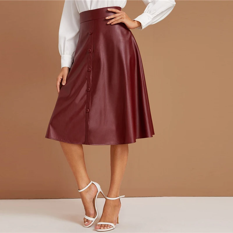 SHEIN элегантные бордовые юбки из искусственной кожи на пуговицах, женские осенние офисные юбки с высокой талией, расклешенная юбка миди из искусственной кожи