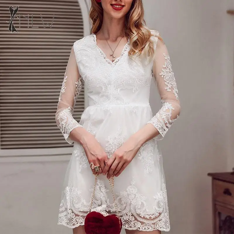 NLW белое кружевное вечернее платье женская элегантная Цветочная вышивка Белое платье Осень Зима V шеи выдалбливают Мини платье Vestidos