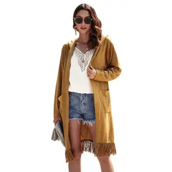 

Women's autumn and winter long-sleeved pocket long coat solid color tassel cardigan