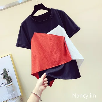 

T Shirt Women Summer New Irregular Coloring Stitching Short Sleeve T-shirt Loose Casual T-shirts Ladies Tops Harajuku Nancylim