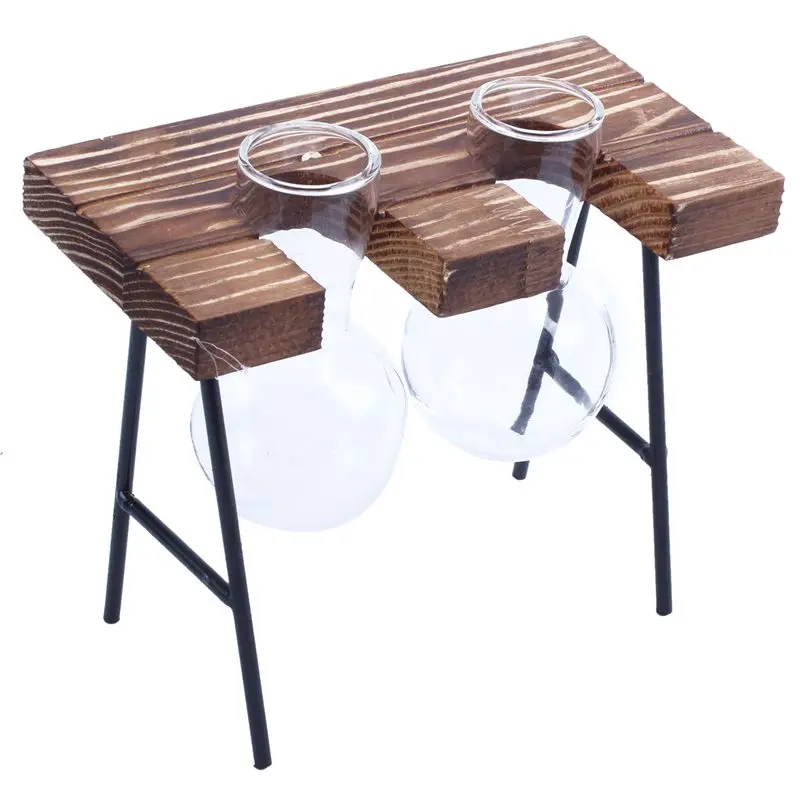 New-Fashionable Transparent Glass Vase with Wooden& Iron Stand for Water Planting Decoration Gift