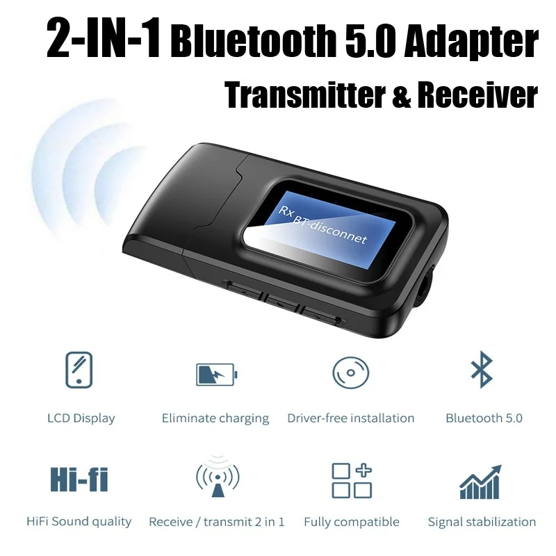 

2 in 1 USB Dongle Bluetooth 5.0 Audio Receiver Transmitter with LCD Display 3.5mm Jack AUX USB Wireless Adapter for TV Car PC