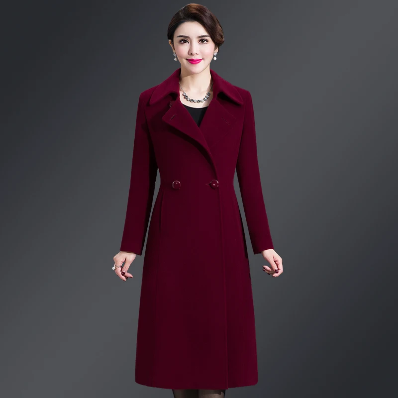 Burgundy Плюс размер 5XL повседневное женское Шерстяное Пальто осенне-зимнее однобортное с широкой талией отложной воротник талия женские шерстяные смеси - Color: Burgundy