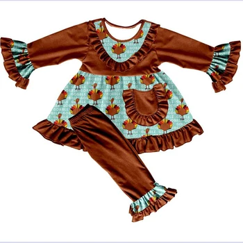 

toddler Baby girl Thanksgiving outfit style fashion ruffle sleeves turkey pattern dress tunic match brown long pant clothes