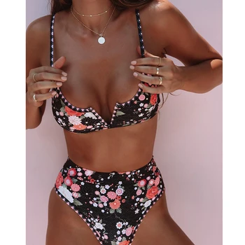 

2020 New Floral Printed Bikini Swimsuit Women V Neck Push Up Bikini Set High Waist Swimwear Female Bathing Suit Summer Beachwear