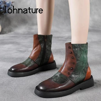 

Johnature Ankle Platform Boots Genuine Leather Women Shoes 2020 New Zip Mixed Colors Round Toe Flat With Rivet Women Boots