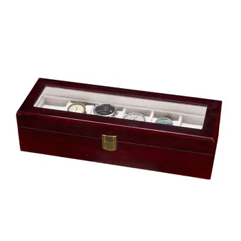 

Watch Display Case Jewelry Storage Cabinet Organizer 6 Slots Wooden Glass Top Gifts Detachable Plush Pillows[US-Stock]