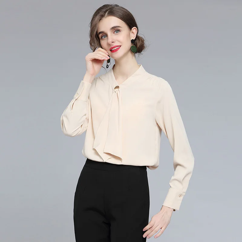 

Chiffon Blouse Women Bow Tie blusas mujer de moda Solid Ivory Long Sleeves chemisier femme Autumn V neck womens tops elegantes