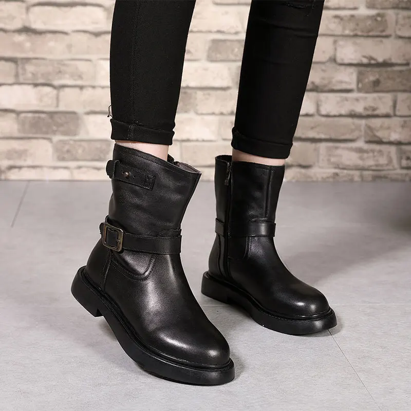 

2019 Seasonal Side Boots Head Layer Cowhide Woman Boots Belt Buckle Black Knight Boots
