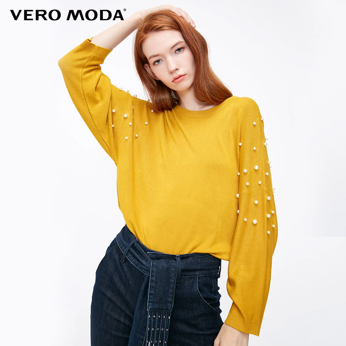 Vero Moda Women's Imitation Pearl Batwing Sleeves Drop-Shoulder Pure COLor Knit | 318324548 - Цвет: Carry yellow