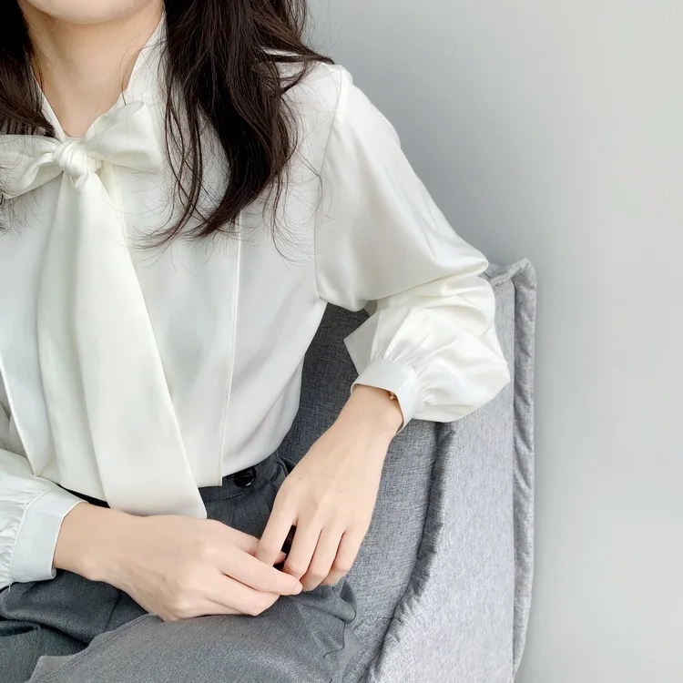 Шифоновая рубашка с бантом для женщин, Blusas Mujer De Moda, Корейская Осенняя модная шифоновая блузка с длинным рукавом, свободная элегантная женская блузка