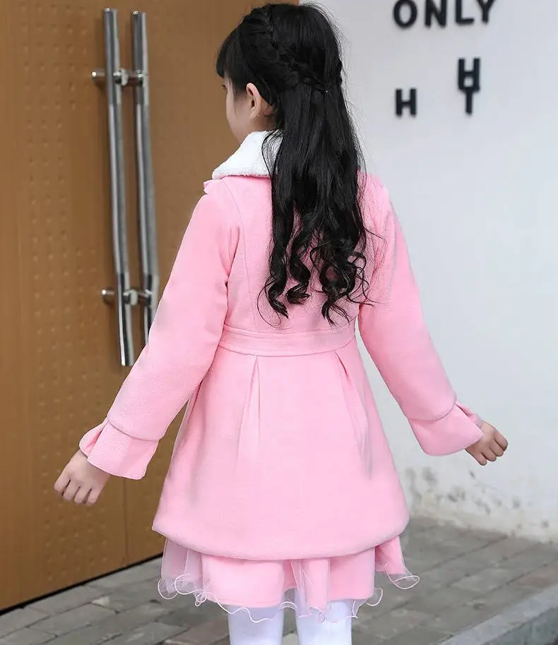 Spring Autumn New Children Girl Warm Wool Coat+ Vest Dress Sets Kids Girls Faux Fur Collar Wool Blends Coats Clothing W264