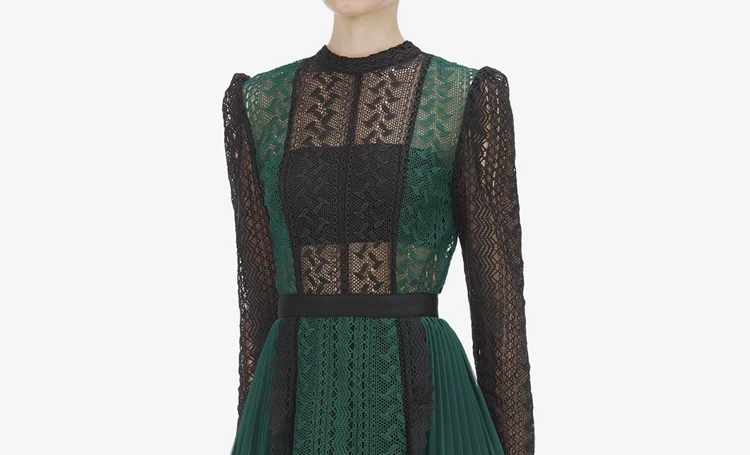 Высокое качество лето осень новая коллекция платье для автопортретов женское элегантное Плиссированное зеленое кружевное платье с длинными рукавами Vestidos