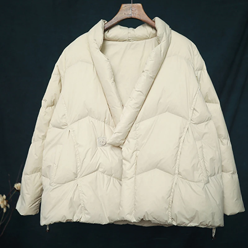 Зимнее корейское асимметричное пуховое пальто с v-образным вырезом, повседневное модное универсальное Новое свободное женское пуховое пальто с карманами, 4 цвета - Цвет: Бежевый