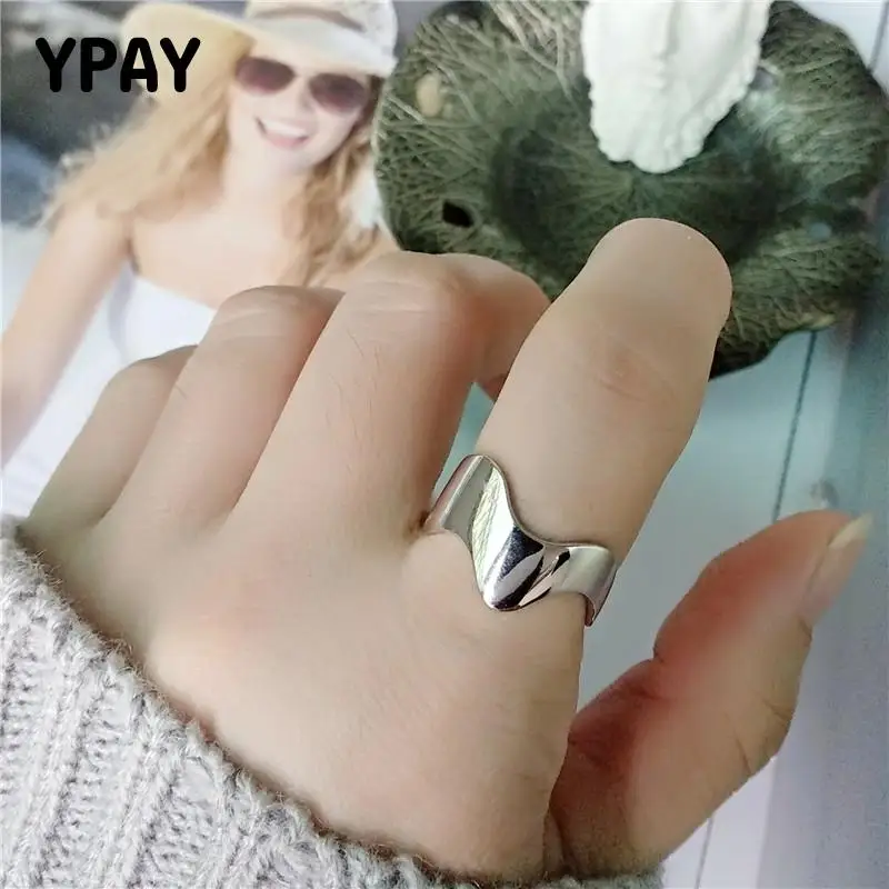 

YPAY 100% Pure 925 Sterling Silver Open Rings for Women Korea Japan Glossy Wave Wide Ring Bague Fine Party Jewelry Gifts YMR962