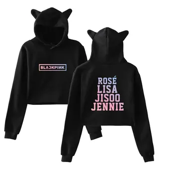 

Kpop BLACKPINK Hoodies Hip Hop Sweatshirt Casual Long Sleeve Cropped Hooded Hoody Kawaii Cat Clothes Pullovers Tops Moletom