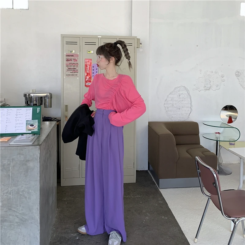 

HED 2020 Fashion Summer Solid Color Women's Office Ladies Loose Slimming Casual Straight Folds Button Suit Pants