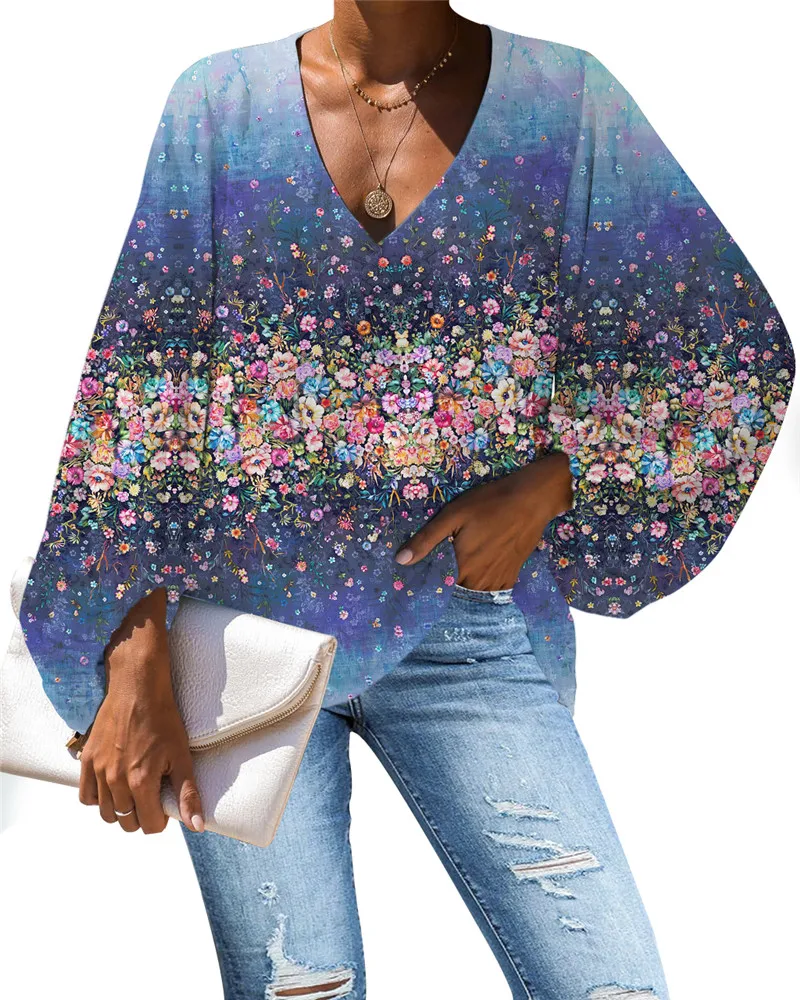 

Women Blouses Floral Print Ladies Tops Loose Long Sleeve V-neck Chiffon Shirt 2020 New Arrival Plus Size Sunflower Blouse Blusas