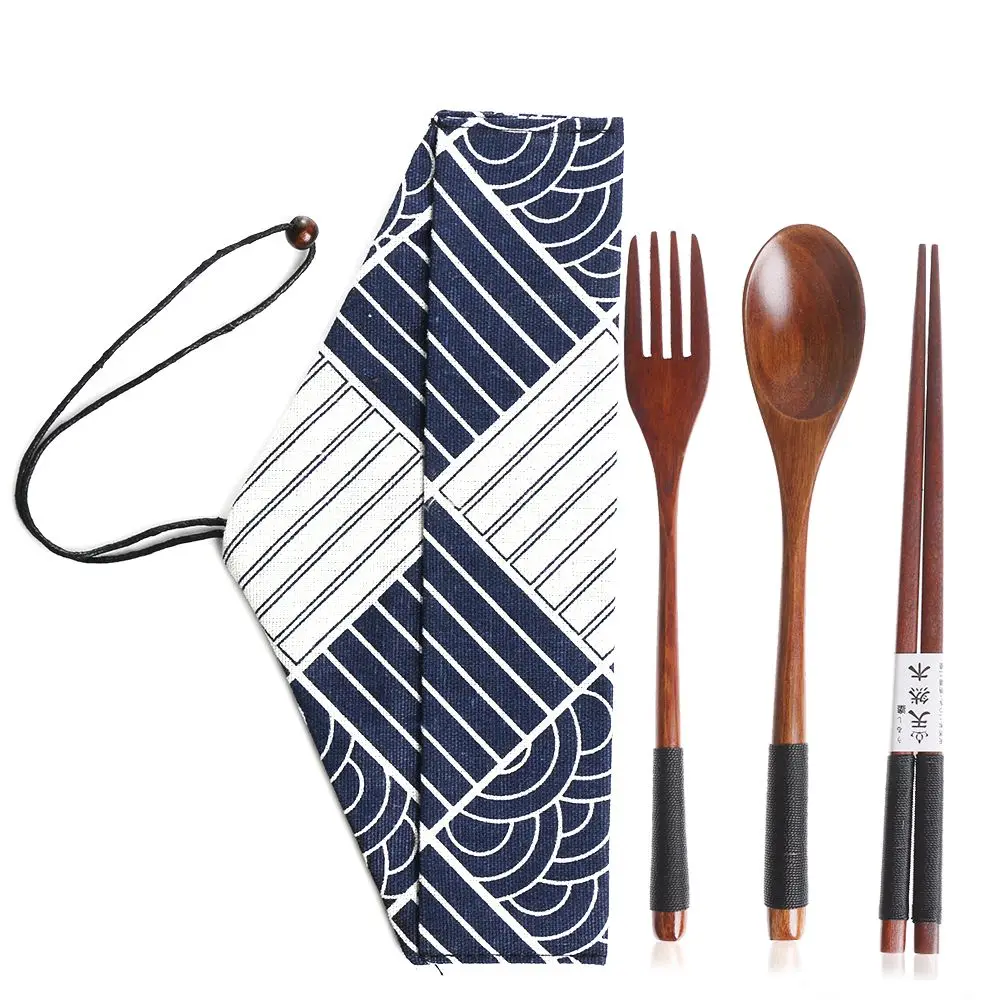 Description Picture 3 of itemJapanese Style Wooden Cutlery Sets Spoon Fork Chopsticks Portable Tableware Travel Dinnerware Suit with Cloth Pack Birthday Gift