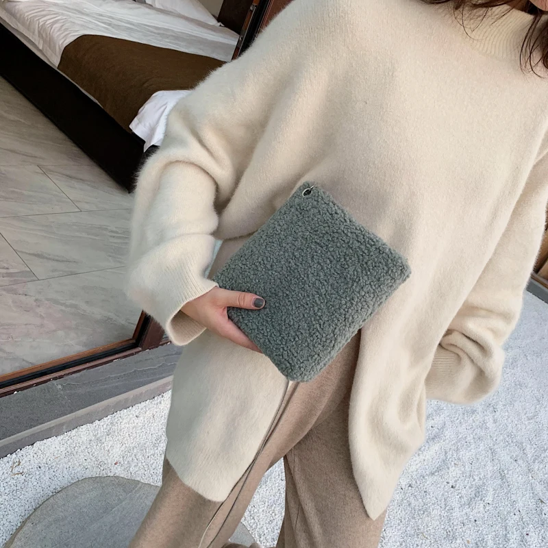 Winter fashion faux fur mini square bag luxury brand soft ladies plush warm small Messenger bag metal chain tote bag coin bag