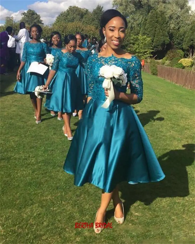 Bridesmaid Dresses Knee Length Teal Satin Lace Boat Neck Wedding Guest Dress  Prom Party Gown Robe Demoiselle Honneur - Bridesmaid Dresses - AliExpress