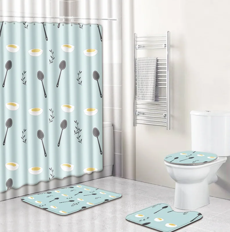 

Lovely Cartoon Print Shower Curtain Bath Rug Toilet Cover Anti-slip Bath Mat Waterproof Polyester Washable Bathroom Curtain Hook