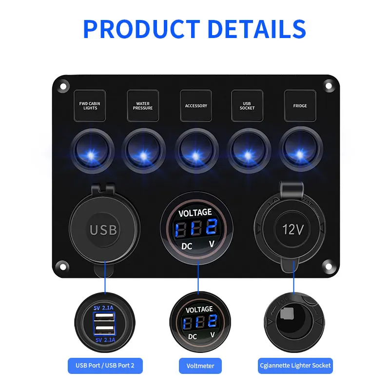 LED Rocker Switch Panel With Digital Voltmeter Dual USB Port 12V Outlet Combination Waterproof Switches For Car Marine Boat