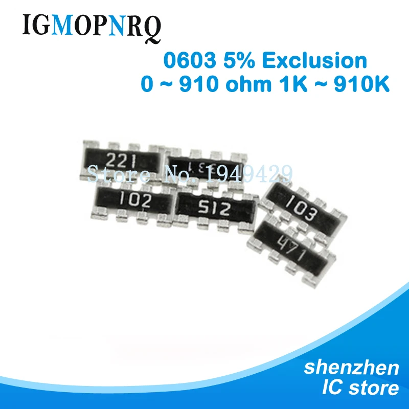 100 шт. 0603*4 8P4R 2*4P красный резистентный SMD de 0 ~ 910 Ом 1K 910K 2K 2 4 7 K 10K 22K 47K 100K 1M 1 10 220 470 ohmios |
