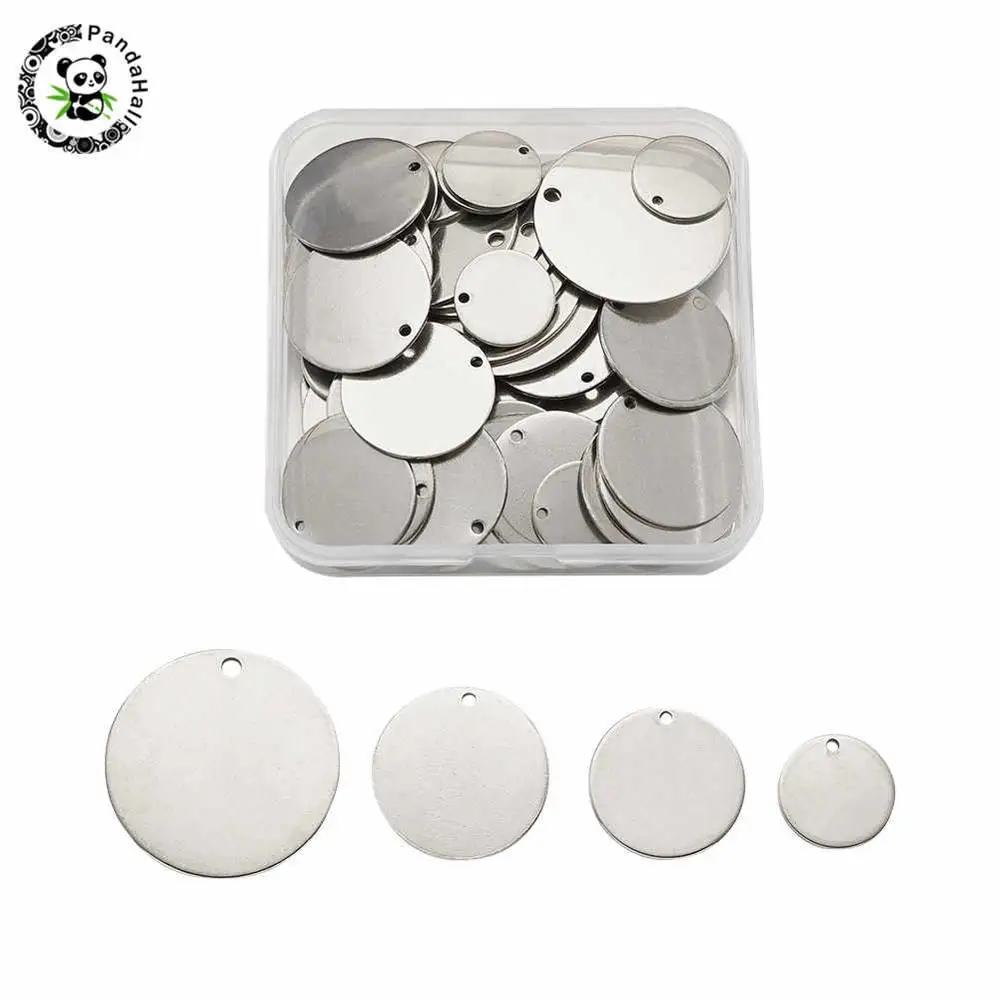 60pcs 304 Stainless Steel Blank Stamping Tag Pendants Charms Flat Round Color 15~30x1mm Hole: 1~2mm 60pcs/box | Украшения и