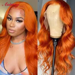 Asimey 13X4 Orange Ginger Color Body Wave Wigs Transparent Lace Front Human Hair Wig 30 32 Inch Preplucked Virgin Remy For Women