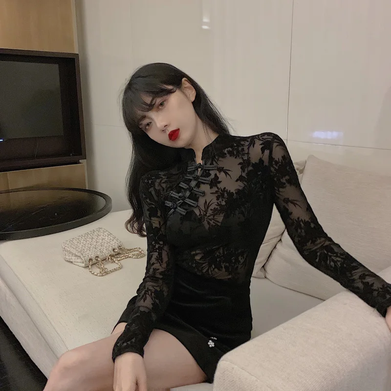 Girls Transparent Lace Blouses Shirts Tees Female Chinese Style Turtleneck Vintage Full Sleeve Black Blouses Tops For Women 4