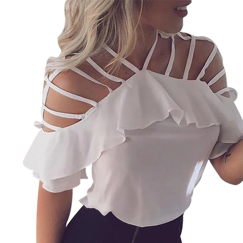 

Womens Chiffon Blouses Summer Short Sleeve Hollow Out Cut Out Blouse Sexy Shoulder Off New Female Solid Casual Tops Streetwear