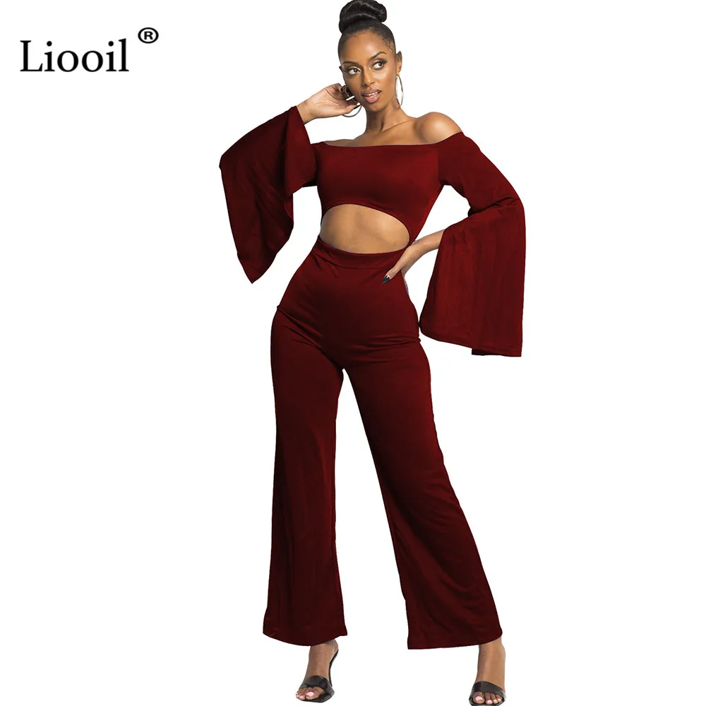 Liooil Off Shoulder Sexy Cut Out Jumpsuits Long Slit Sleeve Back Zipper Party Club Rompers Womens Jumpsuit Black Overalls