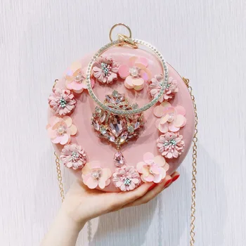 

Vintage Pink White Flower Crystal Diamond Ladies Round Evening Clutch Bag with Chain Shoulder Bag Women's Handbags Purse Wallets
