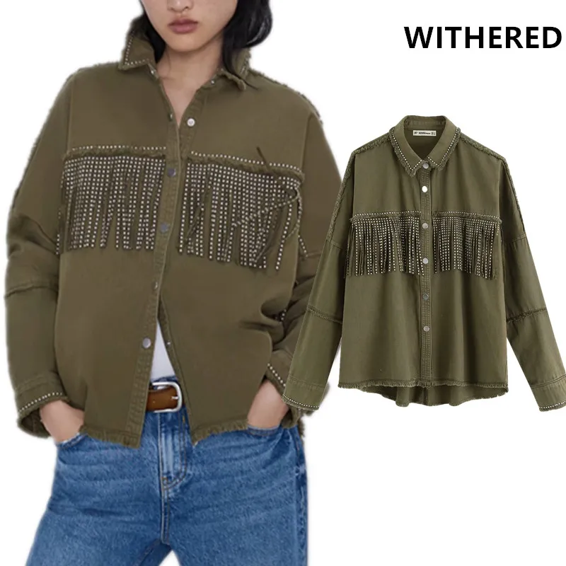 

Withered denim jacket women high street vintage rivet tassels army green oversize boyfriend casaco feminino jaqueta feminina top