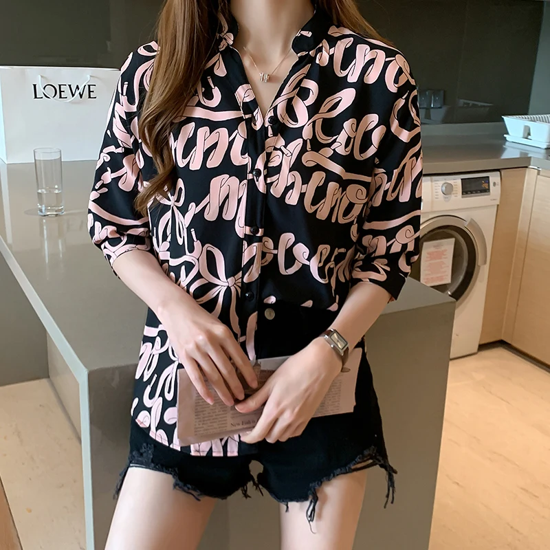 2020 Summer Pink White Shirt Women Modis Print Blouse Female Streetwear Casual Tops Short Sleeve Women Loose Blouses Oversized