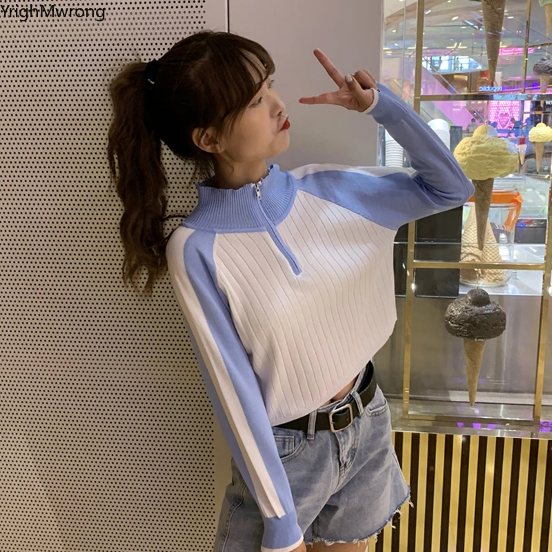 

Zipper Turtleneck Contrast Block Color Long Sleeve Slim Crop Top Autumn Thin Sweater Women Sexy Short Pullover Knit Knitwear Tee
