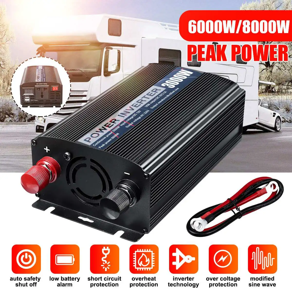 

Dual USB Max 6000/8000W DC12V to AC220V Car Power Inverter Charger Converter Adapter DC12 to AC220 Modified Sine Wave Transromer