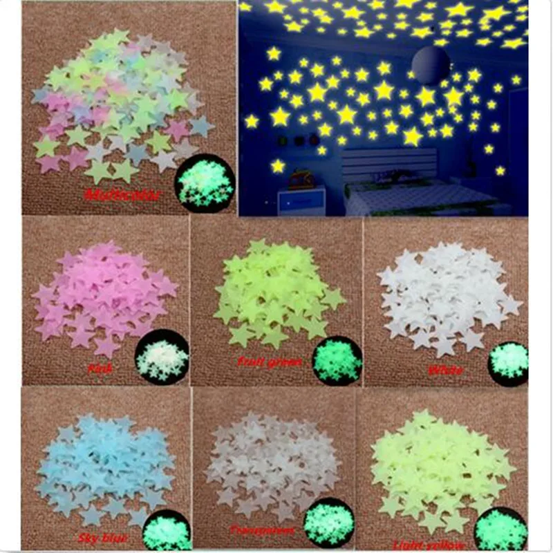 Pegatinas de plástico 3D para pared fluorescente, estrellas que brillan en la oscuridad, 100 Uds.