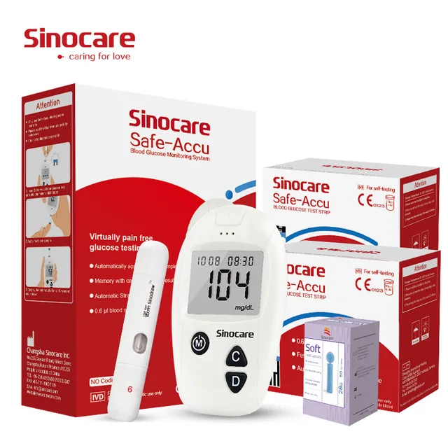 Sinocare Safe-Accu Blood Glucose Monitor Kit with 50/100/200 Test Strips & Lancets for Diabetes Glucometer Blood Sugar Meter