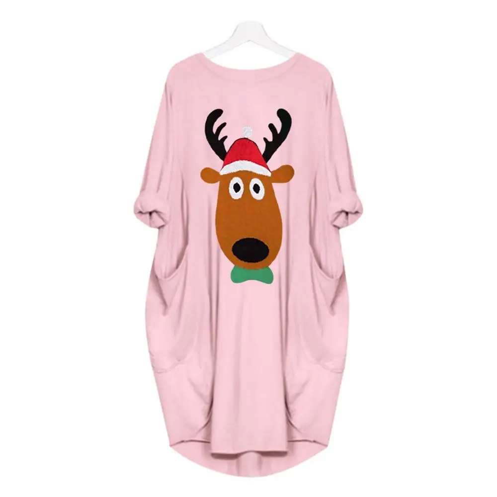 elk Pink Осенне-зимнее рождественское женское платье с принтом рождественской елки размера плюс повседневные женские вечерние платья с длинным рукавом ropa mujer 5XL - Цвет: elk Pink