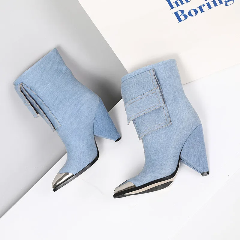 

B2-7 Size 34-43 Female Blue Color Denim Ankle Boots Ladies Patchwork Pointed Toes Shoes Woman High Heels Shoe Women Sexy Boot