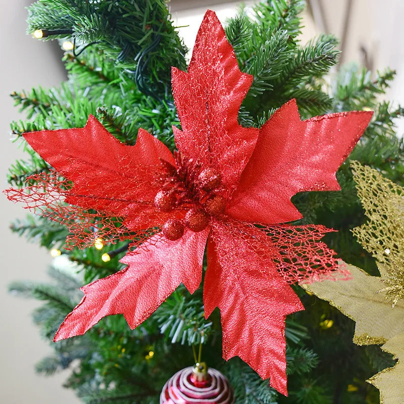 1 шт. 25 см блестящие искусственные Chritsmas цветы Poinsettia поддельные цветы для Рождества DIY домашнее свадебное украшение Рождественская Цветочная головка
