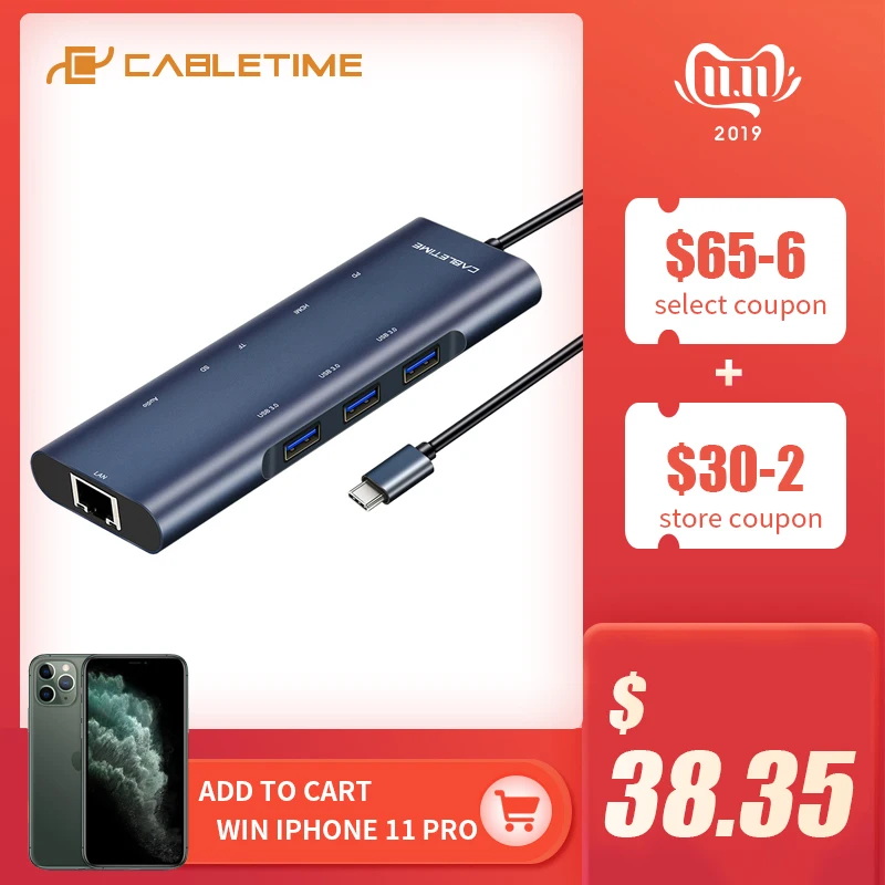 

CABLETIME USB C HUB to HDMI USB 3.0 SD/TF Card Reader PD 3.5MM Adapter USB Splitter for MacBook Pro Air Type C Charging C254