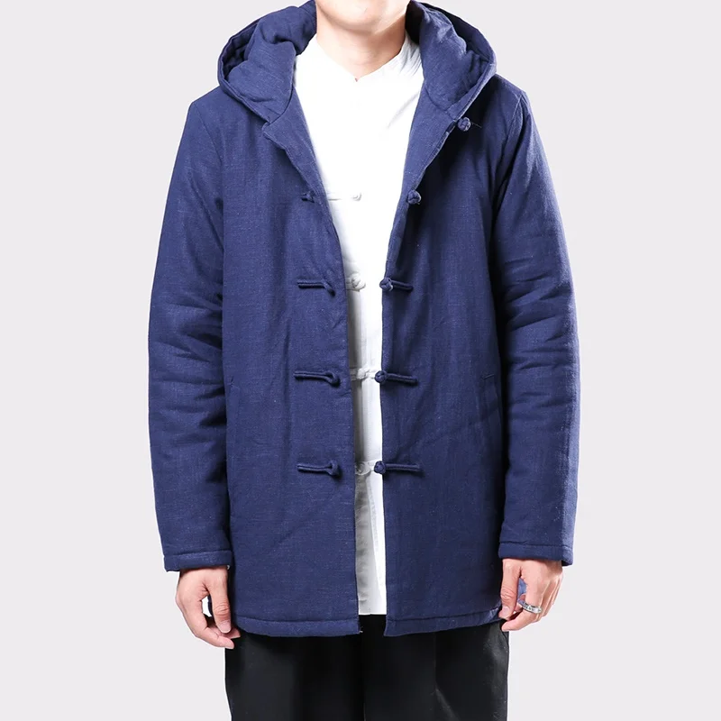 Vintage Style Hooded Men Parkas Cotton Winter Button Up Trench Long Sleeve Outerwear Padded Retro Men Jackets Coats KK3062