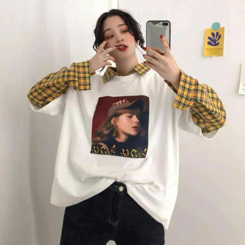 Женские толстовки в Корейском стиле Ulzzang Harajuku модная женская толстовка пэчворк