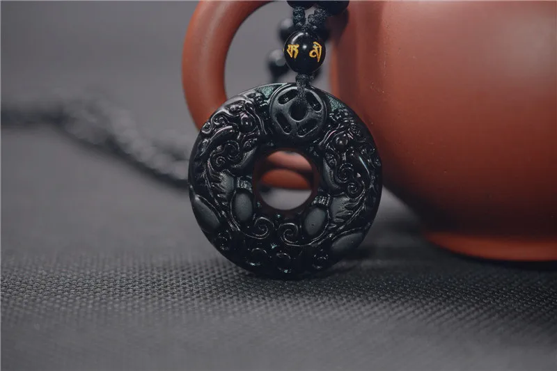 Envatio Directo obsidiana tallado circulo Pixiu amuleto colgante joyeria fina
